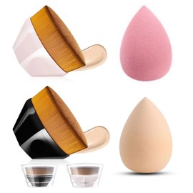 Kabuki Foundation Brush and Makeup Sponges for Foundation, Latex Free Smoothly Makeup Brushes Set for Powder Cream and Liquid, Super Soft Wonder Beauty Cosmetic(2pcs kabuki brush + 2pcs Makeup Sponge)