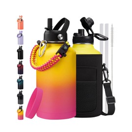 64oz/Half Gallon Insuated Water Bottle, (Keep Cold 48H), Leak Proof Food-Grade Stainless Steel Water Jug With Straw Lid and Atuo Spout Lid, Portable Paracord Handle & Carrier Bag Yellow Rose-red