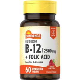 Sundance Fast Dissolve Vitamin B-12 | with Folic Acid | 2500mcg | 60 Count | Natural Berry Flavor | Vegetarian, Non-GMO, and Gluten Free Supplement