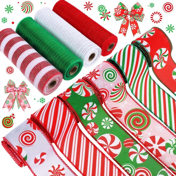 Yuefunny 10 Rolls Christmas Ribbon Including 4 Rolls Mesh Ribbon