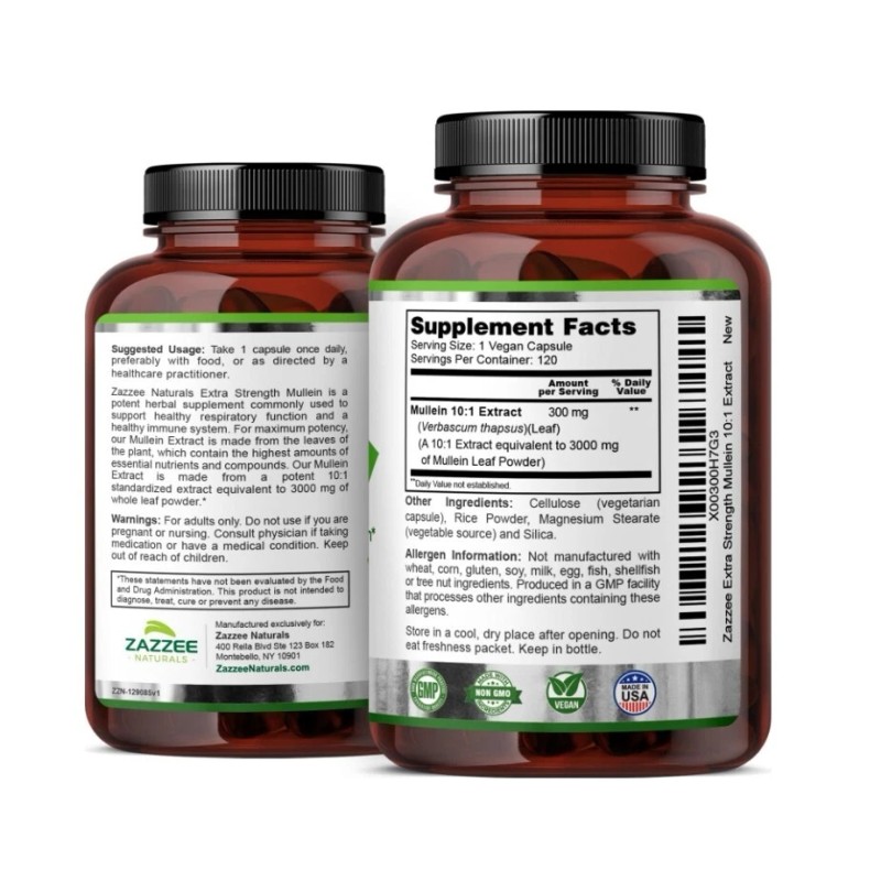 Zazzee Extra Strength Mullein 10:1 Extract, 120 vegan capsules, Respiratory