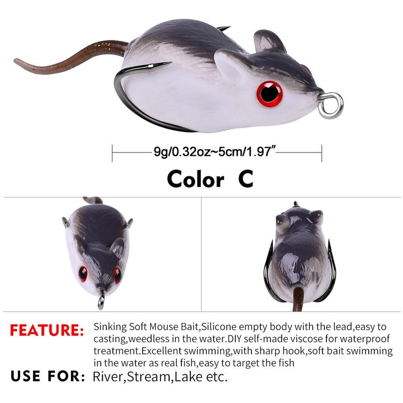 Cuoyuqie 5pcs Lifelike Rat Lure Mouse Sinking Fishing Lure Bass
