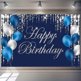 DIZHI Navy Bluey and Silver Happy Birthday Backdrop Banner Sign for Favor Men Women Retirement Photography Background Party Decorations Supplies 7x5ft