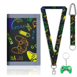 Alriedy Children's Neck Pouch, Purse with Gamepad, Compact Triple Foldable Purse with Zip and Neck Strap for Girls and Boys (Black)