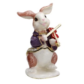 Hand Painted Enamel Rabbit Trinket Box, Hinged Jewelry Box Unique Mini Ring Necklace Jewelry Organizer, Classical Bejeweled Storage, Figurine Collectible Keepsake Home Decor (Rabbit Playing Violin)