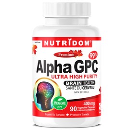 Nutridom Alpha GPC 99% 400mg - Choline Supplement, Acetylcholine, L-alpha-Glycerophosphorylcholine, Supports Brain and Cognition Health, Non-GMO, Vegan, Gluten Free, Soy Free, and Dairy Free, 90 Veggie Capsules
