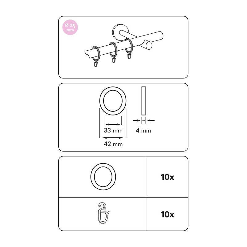 GARDINIA Curtain Rings for Curtain Rods, Diameter 25 mm, with