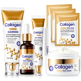 8PCS Collagen Skin Care Set, Skincare Gift Sets for Women, Face Serum, Face Wash, Moisturiser, Eye Cream, 3PCS Face Mask & Lip Balm, Hydrating, Reduces Wrinkles for Mature Skin