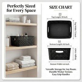 8 Pack Black Storage Baskets, Plastic Woven Organizer Baskets, Stackable Shelf Baskets for Closet, Pantry, Bathroom & Laundry Room
