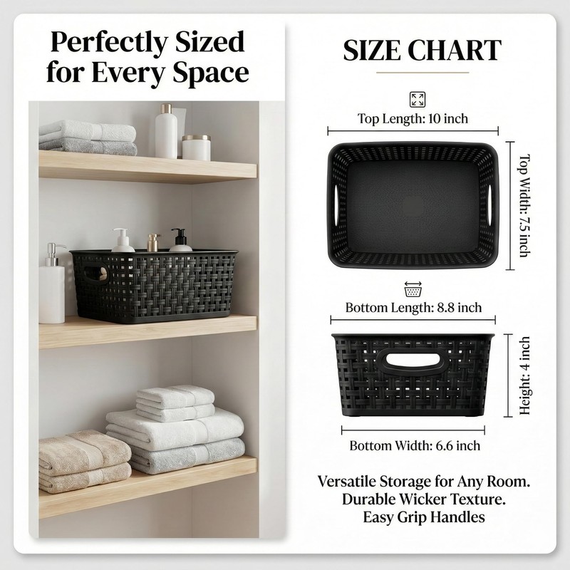 8 Pack Black Storage Baskets, Plastic Woven Organizer Baskets, Stackable