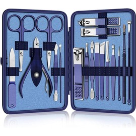 Manicure Set, 18 PCS Nail Clippers Set, Women & Men Professional Manicure Kit with Sharp Stainless-Steel Fingernail & Toenail Clipper, Scissor, Tweezer, Ear-Pick & Mani Tools with Leather Case - Blue