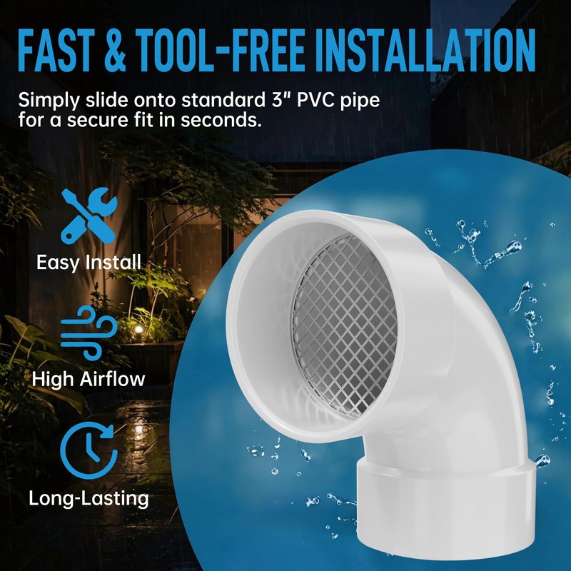 3 Inch PVC Termination Vent with Stainless Steel Screen, 90