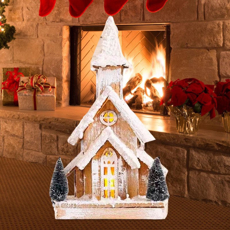 kokiya Christmas Wooden Lighted Snow Church Miniature Tabletop Decoration Xmas