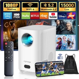 Agreago **Smart Projector 4K, Native 1080P HD, 15,000 Lumens, Wi-Fi 6, Bluetooth 5.2, V3