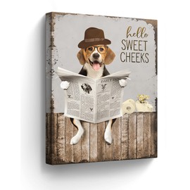 Funny Beagle Dog Reading Newspaper Wall Art Farmhouse Beagle Dog Picture Bathroom Decor Wall Art Farmhouse Dogs Painting for Toilet Bathroom Animals Artwork Framed 12"x16"