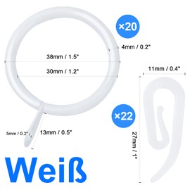 XRF Pack of 20 Curtain Rings with Hooks, 30 mm Inner Diameter, Metal Curtain Rings with Plastic Curtain Hooks, Curtain Rod Rings with 22 Clips for Kitchen, Bathroom, Bedroom, Living Room, Balcony