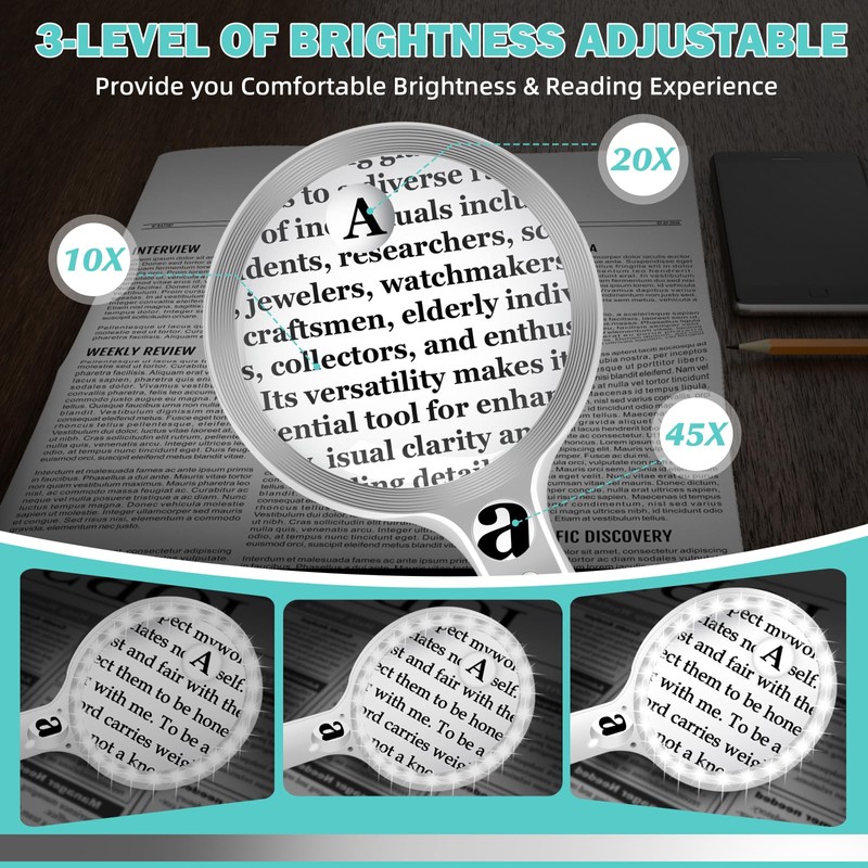Large Magnifying Glass with Lights,10X 25X 45X Handheld Lighted Magnifier,