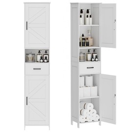 Homhedy 67" H Tall Bathroom Storage Cabinet with 2 Barn Doors and 1 Drawer, Narrow Storage Unit, Adjustable Shelves, Floor Cabinet for Bathroom, Living Room, Entryway, Kitchen, White, (11.8" W)