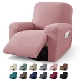 JIVINER 3 Piece Recliner Chair Cover Stretch Lazy Boy Non Slip Covers for Recliner with Pockets Soft Jacquard Reclining Sofa Slipcovers Furniture Protector with Elastic Bottom (1 Seater, Dusty Pink)