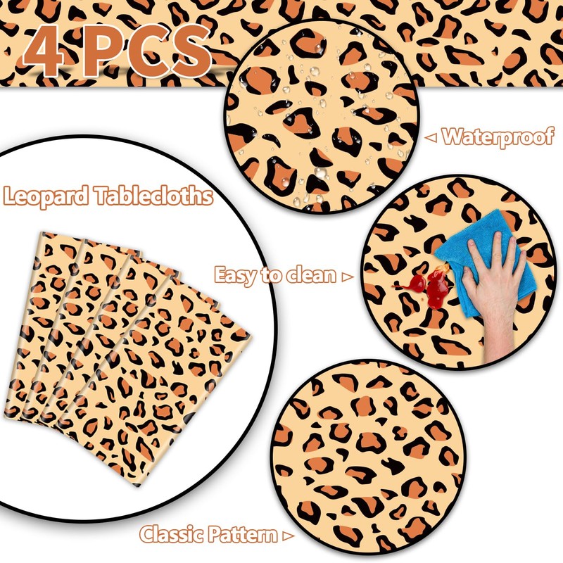 PTECDROTS 4Pcs Leopard Tablecloths, Rectangular Safari Animal Cheetah Print Table