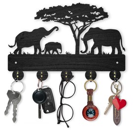 MAYJOYDIY Elephant Tree Key Holder for Wall 11.8×8inch Wood Elephant Family Key Organizer Wildlife Key Hangers 5 Alloy Hooks Decorative Key Hook Rack Gift for Entryway Kitchen Hallway Office