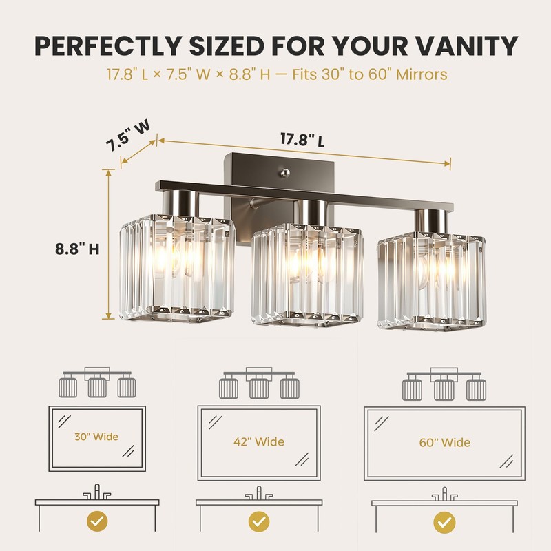 TimberAura Crystal Bathroom Light Fixtures, 3-Light Brushed Nickel, Vanity Lights