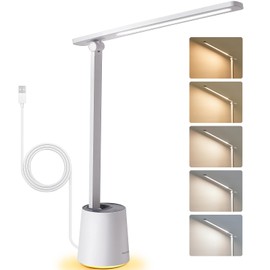 Pak LED Desk Lamp, Dimmable Eye-Caring Desk Light with 5 Color Modes & Brightness Levels, Portable Small Study Reading Table Lamp with Night Mode, Touch Control, Ideal for Home Office, Dorm, White