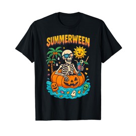 Summerween Skeleton Vibes Chillin in a Pumpkin Float T-Shirt