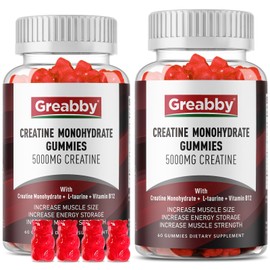 GREABBY GREABBY Creatine Monohydrate Gummies - 5g Creatine Monohydrate for Women & Men, L-Taurine, B12, Creatine Chews for Muscle Growth, Increase Strength and Build Muscle, Mixed Berry Flavor 120 Count