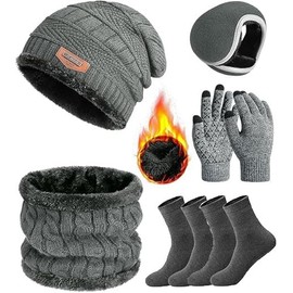 6 in 1 Gorro de Invierno con Bufanda de Punto Invierno y Guantes de Pantalla Táctil Orejeras de Cálida Calcetines de Forro Polar traje suave y cálido,Regalos para Invierno Hombres y Mujeres (gris)