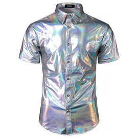 JOGAL Men's 70s Disco Shiny Metallic Gold Silver Short Sleeve Button Down Shirts SilverShimmer Medium