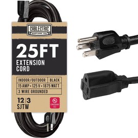 Cablectric 25 Ft Heavy Duty Extension Cord, Weatherproof 12 Gauge Extension Cord 25ft with 3 Prong Grounded Plug, SJTW 12/3 Black Power Cable 15 AMP