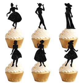 18pcs Black Silhouette Glitter Lady Dessert Cupcake Topper Pick for Makeup Princess Queen Party Theme Decor Supplies Women Girls Happy Birthday Anniversary Wedding Party Decoration