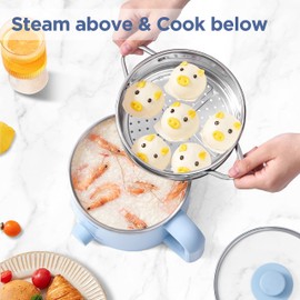 Topwit Hot Pot Electric with Steamer, 1.6L Ramen Cooker, Electric Pot for Pasta, Shabu-Shabu, Oatmeal, Soup and Egg, Electric Cooker with Dual Power Control, Dorm Room Essentials, Blue