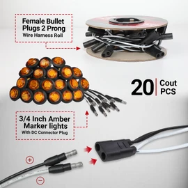 TMH 20 Pcs 3/4 Inch Side Marker Amber Lights with Connector Plug + 2 Pin Continuous Wire Harness Roll, Mix Pack for Plug and Play Hassle-Free Installation for Truck Trailer RV Pickup