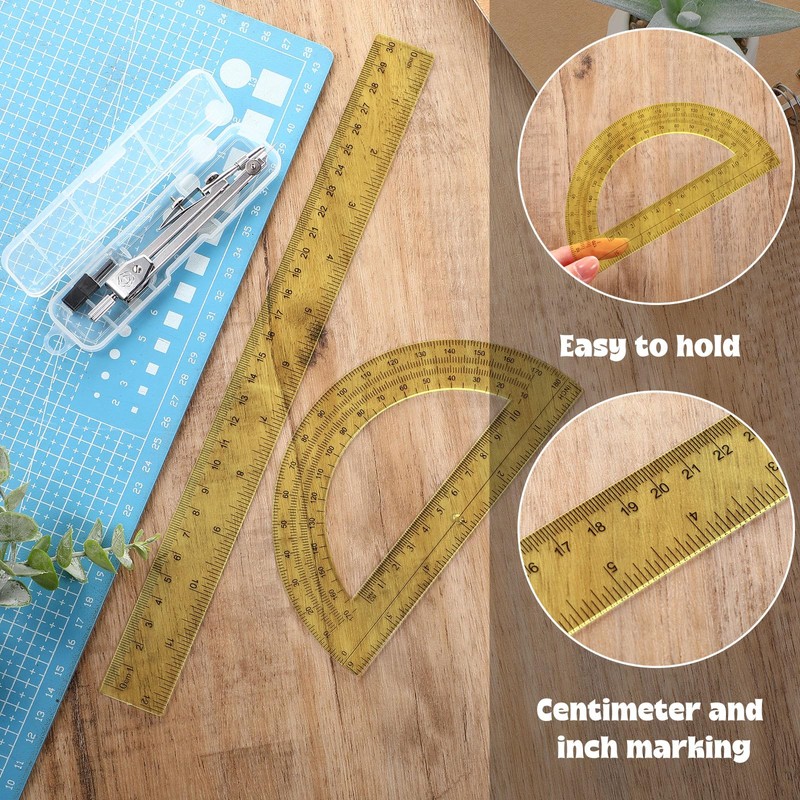 Zonon 3 Pcs Plastic Ruler 6 Inch Protractor Drawing Compass