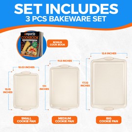 Emporio Kitchen Baking Pan Set - Nonstick Coating, Carbon Steel Bakeware Set with White Silicone Handle, PFOA, PFOS, PTFE Free, Recipe Booklet Included, Oven Safe Tray (Up To 450° F), Set of 3 - White