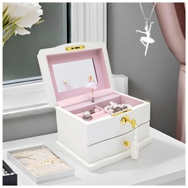 Lihou PapaQ Ballerina Musical Jewelry Box - White | Elegant Wooden Music Chest with Mirror Lock | Ideal Gifts for Girls and Women, Perfect for Christmas and All Occasions
