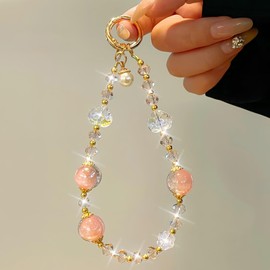 LIFCIUSO Pink Crystal Phone Charms & Beaded Wrist Strap: Kawaii Heart Sparkling Phone Chain with Pearls, 2-in-1 Hands-Free Lanyard Keychain for Women - Gift for Camera, Phones, Keys, Bags