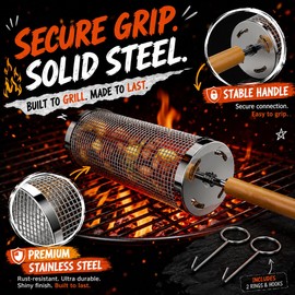 cookwise Rolling Grill Basket,Upgraded 304 Stainless Steel,Nesting Grilling Net,Removable Wooden Handle,BBQ Accessories Tools for Veg,Prawns & Meat,Camping Outdoor Cooking,Gifts for men Dad