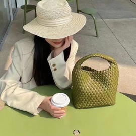 Handmade Woven Shoulder Bags for Women Cute Hobo Tote Handbag Mini Clutch Purse with Magnetic Buckle Crossbody Phone Bag, Olive Green