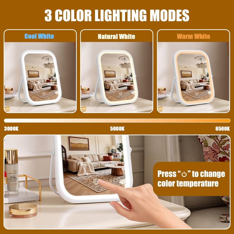 Bearolve Vanity Mirror with Lights, 8"×6" LED Makeup Mirror Built-in