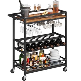 MAHANCRIS Bar Cart for Home, 3-Tier Serving Cart with Wine Rack, Rolling Wine Cart with Glass Holders, Mug Holder, Beverage Cart, for Living Room, Dining Room, Rustic Brown and Black RCHR11801