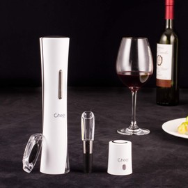 Wine Opener Gift Set - Electric Cordless Automatic Corkscrew Wine Bottle Opener with Batteries, Foil Cutter, Aerator Wine Pourer and Stopper with Date Marker(White)7717-W122-04