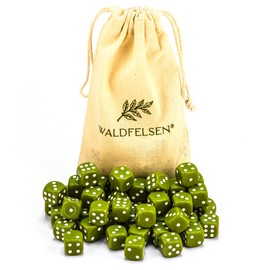 Waldfelsen® High-Quality Dice 6, 12, 20, 30 or 50 Standard Size 16 mm Acrylic Dice Puzzle Play Cube Dice 6-Sided Six Sided Play Accessories Set with Fabric Bag (Olive, Pack of 50)