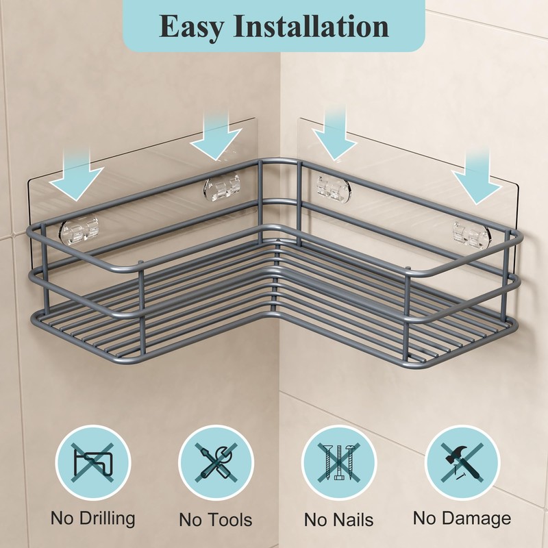 Nieifi Adhesive Corner Shower Caddy Shelf Basket Rack with Hooks,