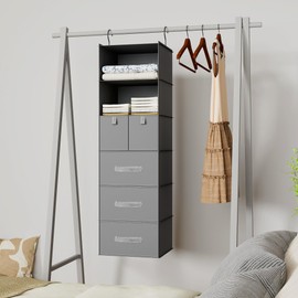 Bosuelife 6-Shelves Hanging Closet Organizer with 5 Different Drawers, Foldable Closet Organizers and Storage for Wardrobe, Closet& RV, Clothes and Accessories Storage, Non-Woven Fabric, Gray