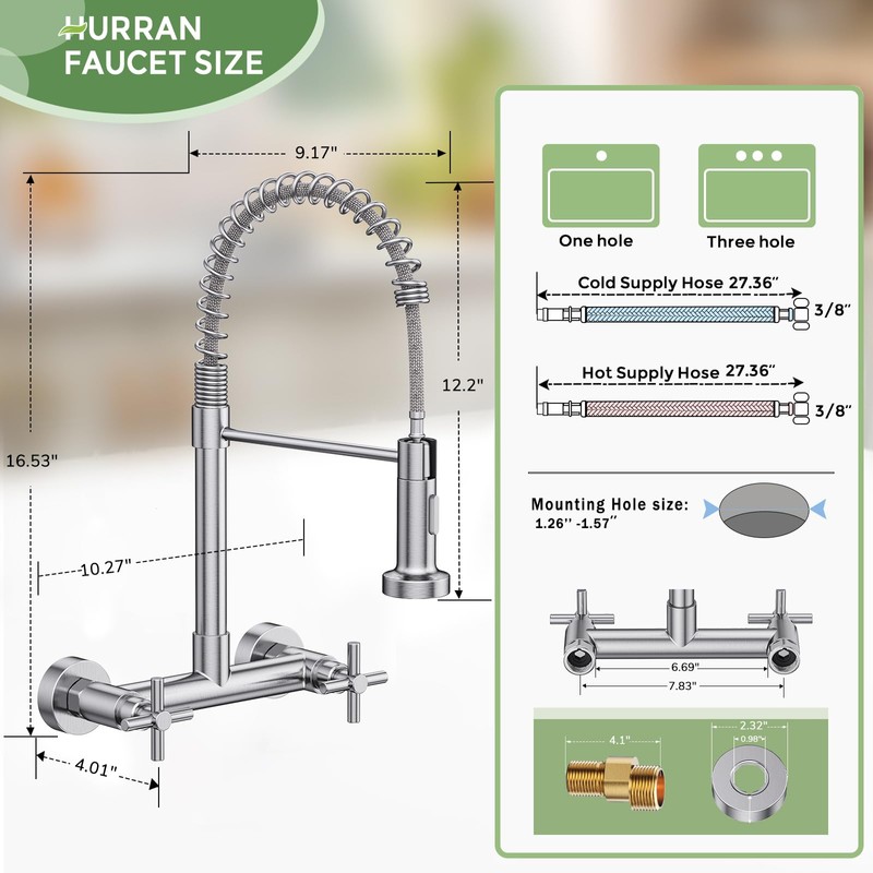 Hurran Wall Mount Faucet, 8 Inch Kitchen Faucet with 2