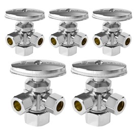 (Pack of 5) Seelink Multi-Turn Dual Outlet Angle Stop Valve, 1/2" NOM (5/8" OD) Inlet x 3/8" OD Outlet x 3/8" OD Outlet, Chrome Plated Brass