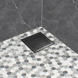 Neodrain 6-Inch Black Square Shower Drain with Removable Quadrato Pattern Grate, 304 Stainless Steel, Includes Shower Drain Base&Hair Strainer, Shiny Black